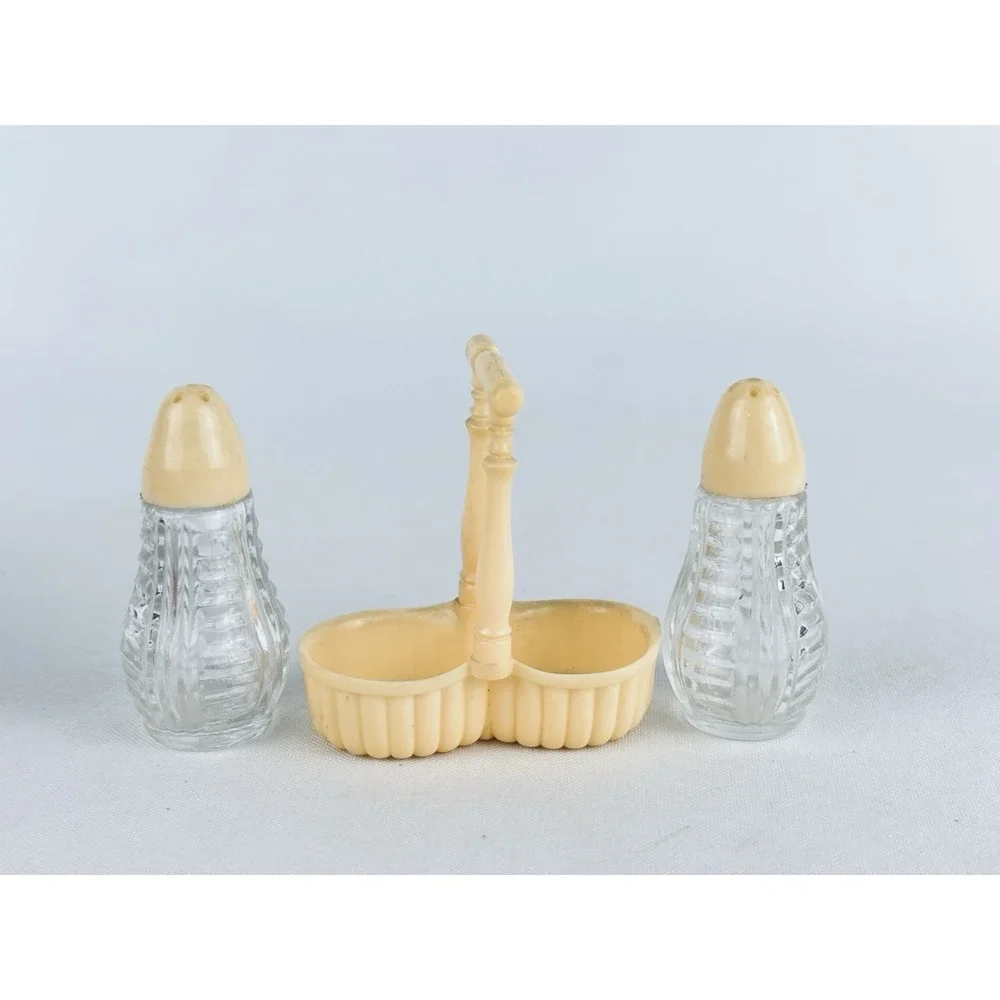 Vintage White/Cream LAPIN Glass Salt & Pepper w/ Plastic Basket Holder Retro MCM